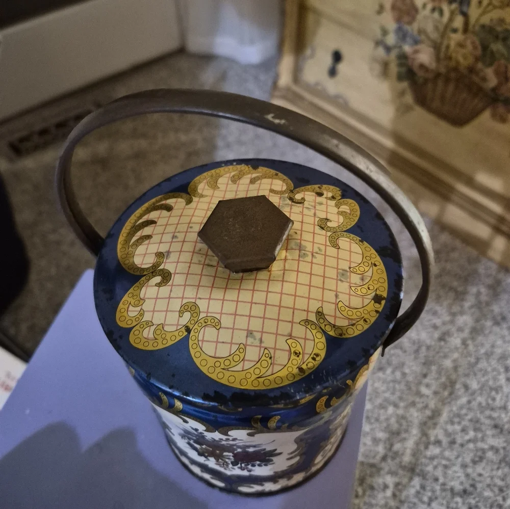 Vintage Murray-Allen Confections Kashmir Metal Tin w/ Lid & Handle Blue & Gold